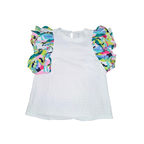 THML Ruffle Sleeve Blouse Women's Size S White Multicolor Sleeve Keyhole Back - Picture 1 of 6